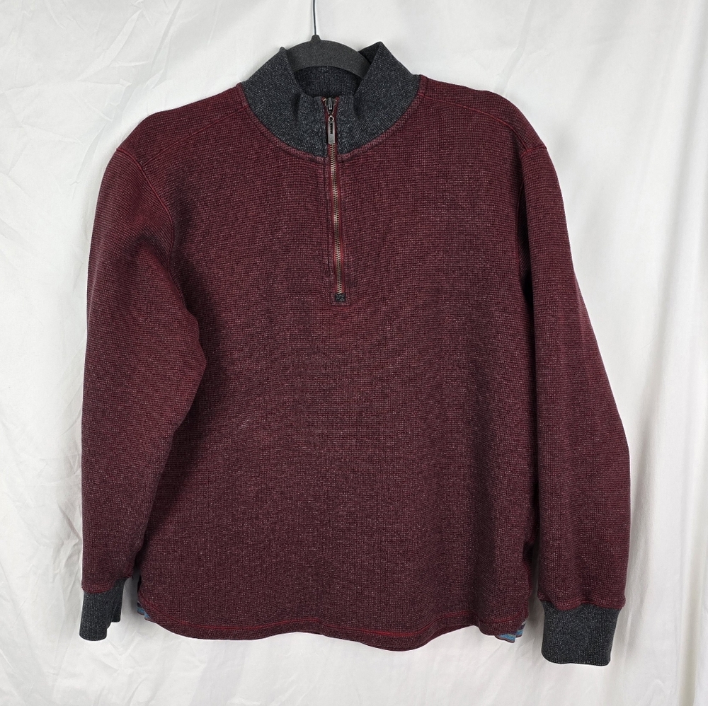 Robert Graham Preppy Thermal Waffle Long Sleeve Pullover Sweater Red Gray sz M